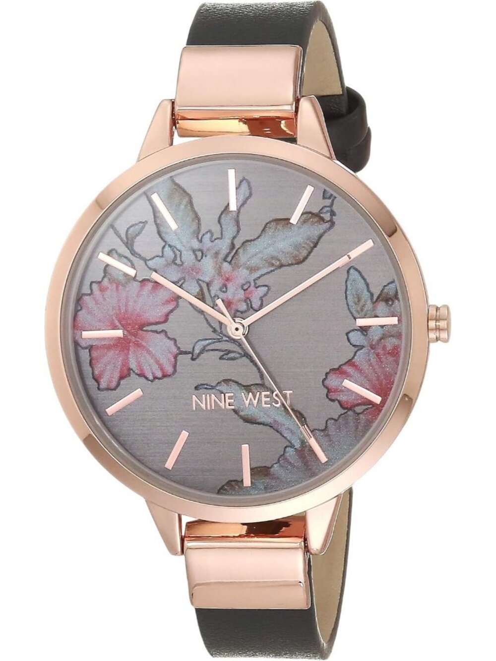 Nine West Womens Grey And Rose Gold Analog Quartz Floral Dial Smooth Strap Watch